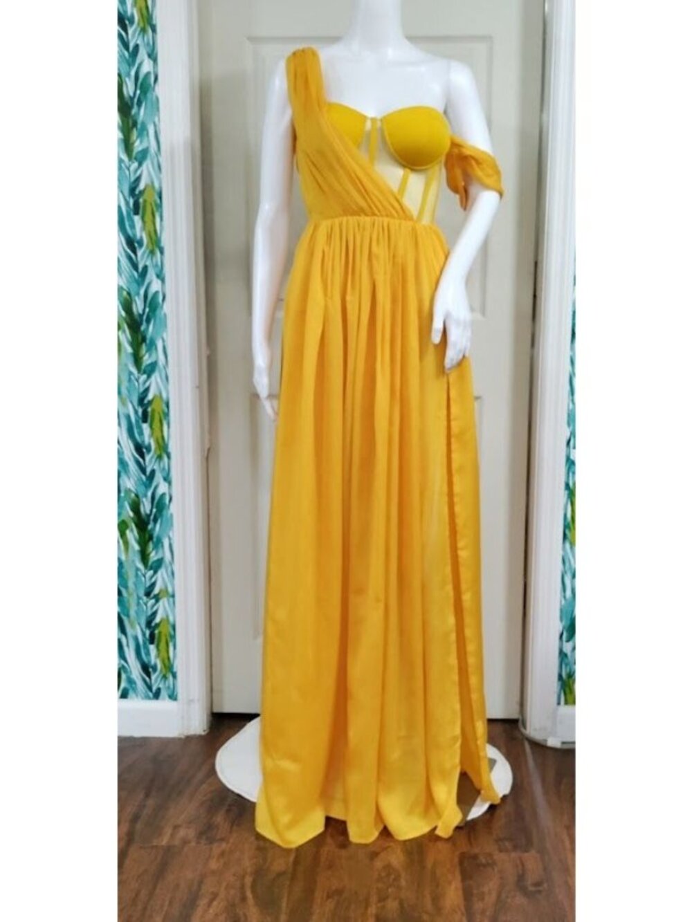 Miss Circle XXS Silk Pleated Corset Slit Maxi Dress Yellow Back In Style - Picture 2 of 15